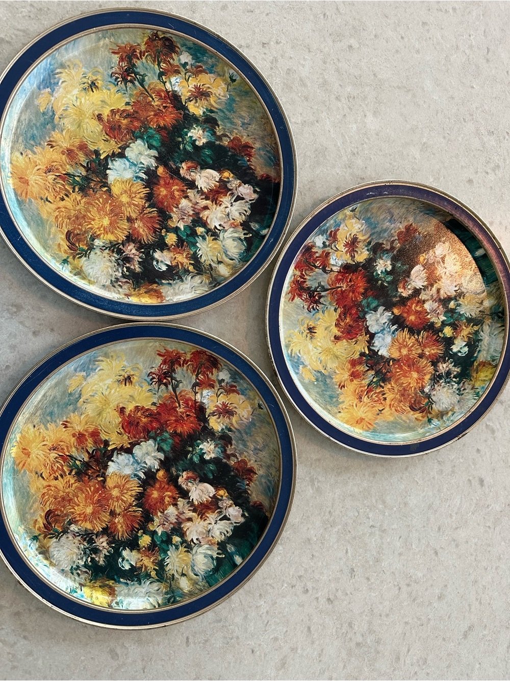 Vintage Sunshine Biscuits Renoir Bouquet of Chrysanthemums Metal Trays Set of 3